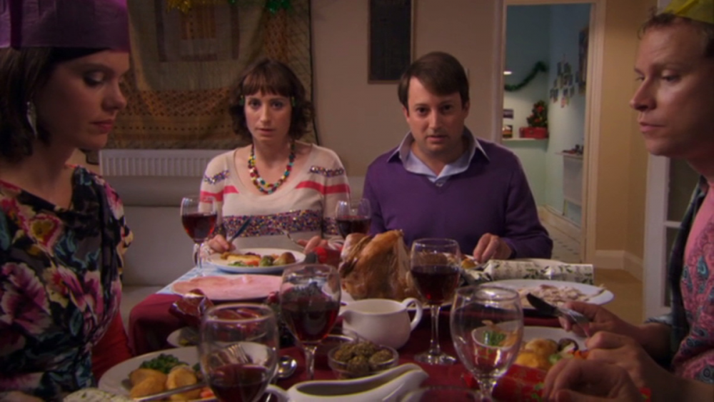 David Mitchell and Robert Webb as Mark and Jeremy at Christmas in Peep Show episode Seasonal Beatings
