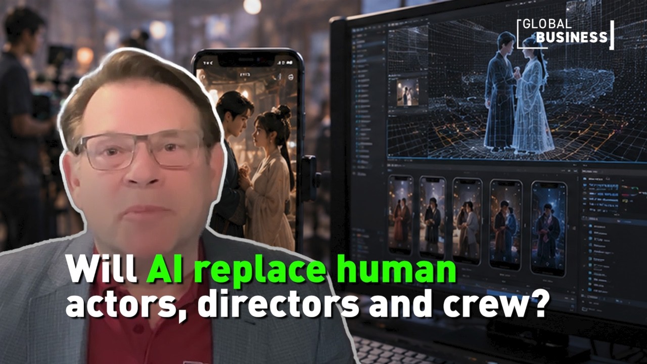 Frame from CGTN's 2026 report on how AI tools are transforming China's micro-drama industry