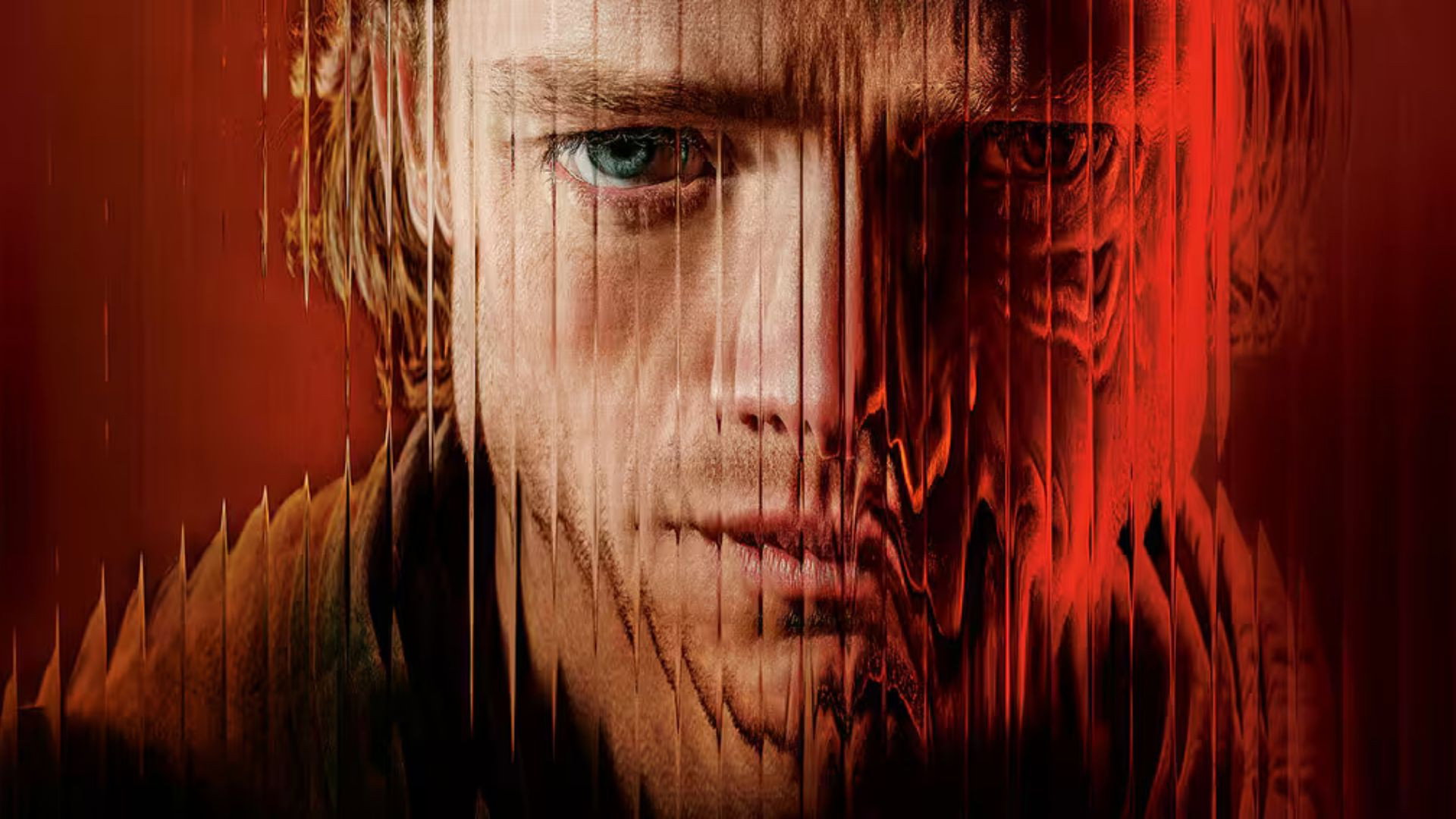 Clayface (2026) key art showing Tom Rhys Harries as Matt Hagen, his face melting against a red background