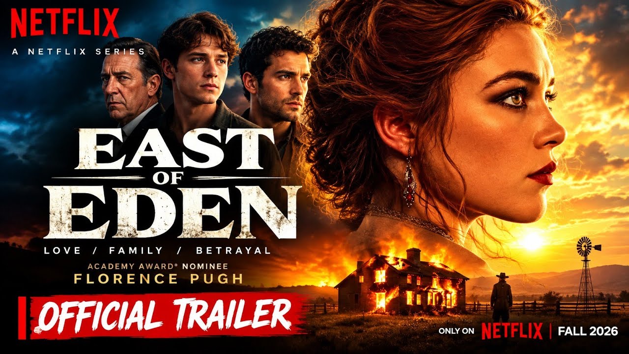 A frame from the official trailer for Netflix's East of Eden, the 2026 Florence Pugh limited series