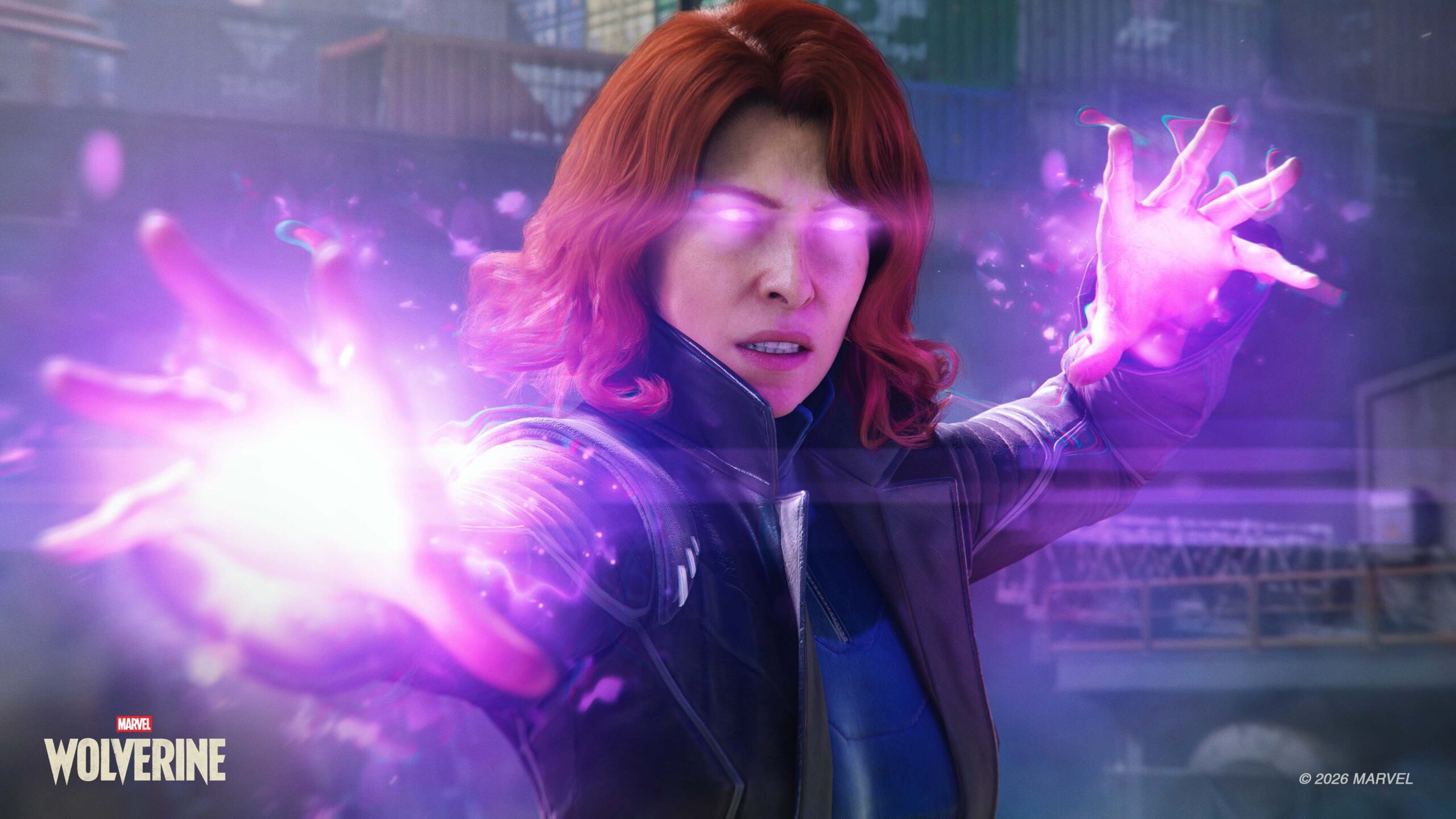 Jean Grey uses her telekinetic powers, a purple glow around her hands and eyes, in Marvel's Wolverine