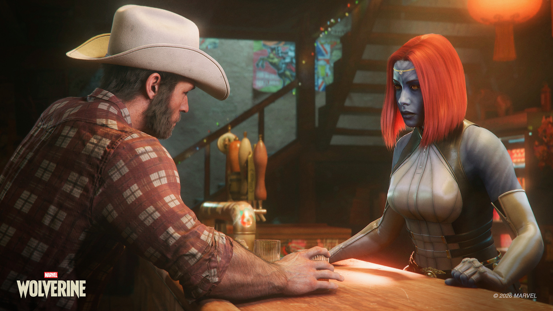 Logan and Jean Grey with allies inside the Princess Bar in Marvel's Wolverine