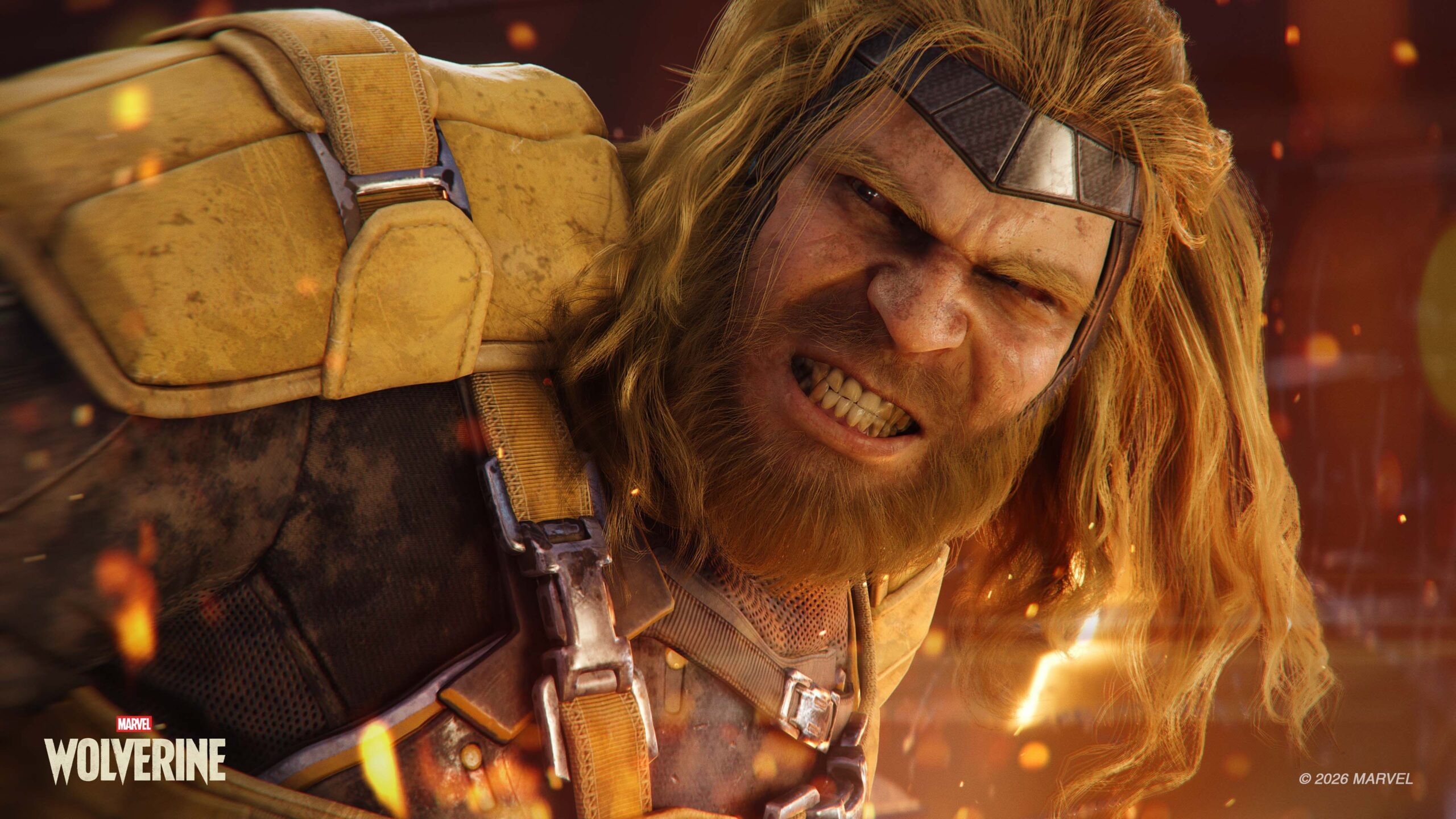 Sabretooth snarls with fire embers behind him in Marvel's Wolverine