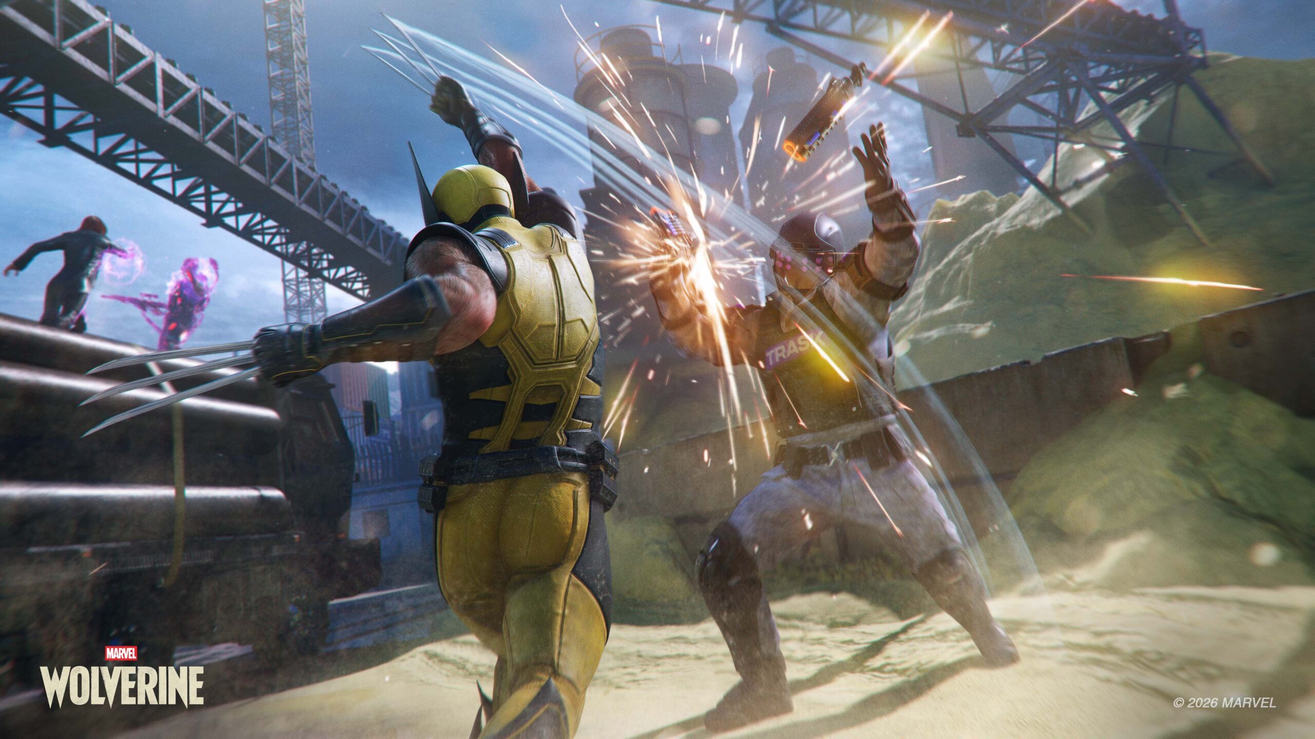 Wolverine slashes upward with his claws while Jean Grey fights a Reaver on a moving truck