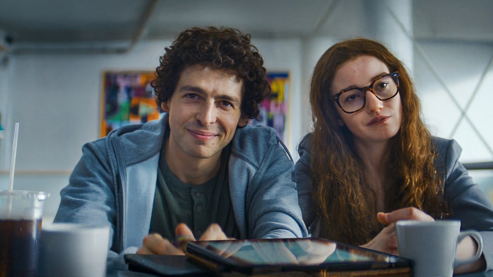 Still from the trailer for The Altruists featuring Anthony Boyle as Sam Bankman-Fried and Julia Garner as Caroline Ellison